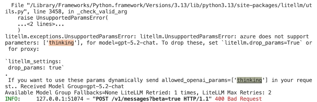 错误示例：azure does not support parameters: ['thinking']