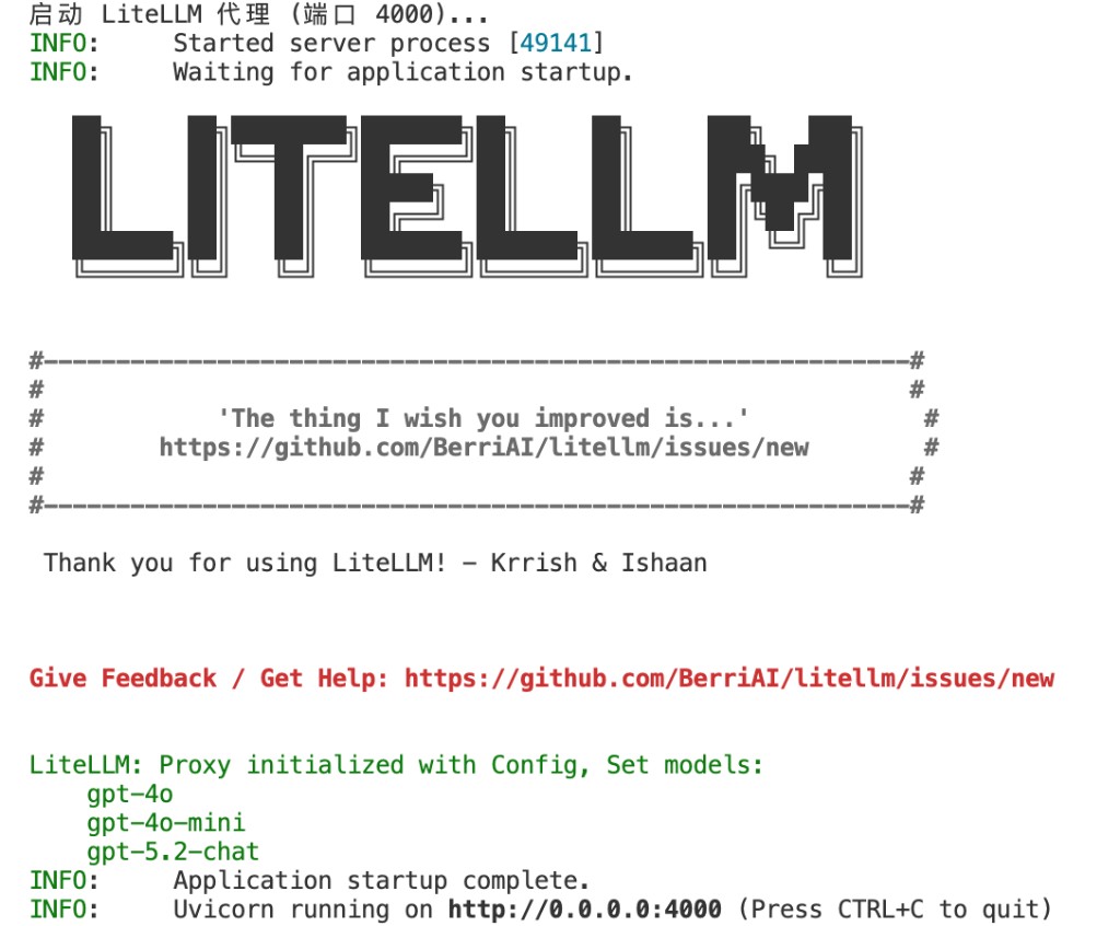 LiteLLM 代理启动成功：已加载模型，监听 4000 端口